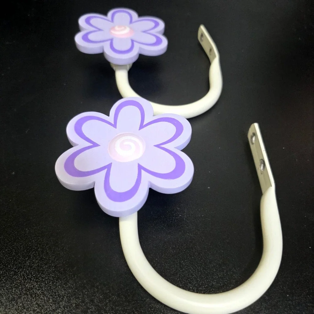 Flower Curtain Tieback Hooks Kids OS Purple Floral Wall Mount 2pc Set